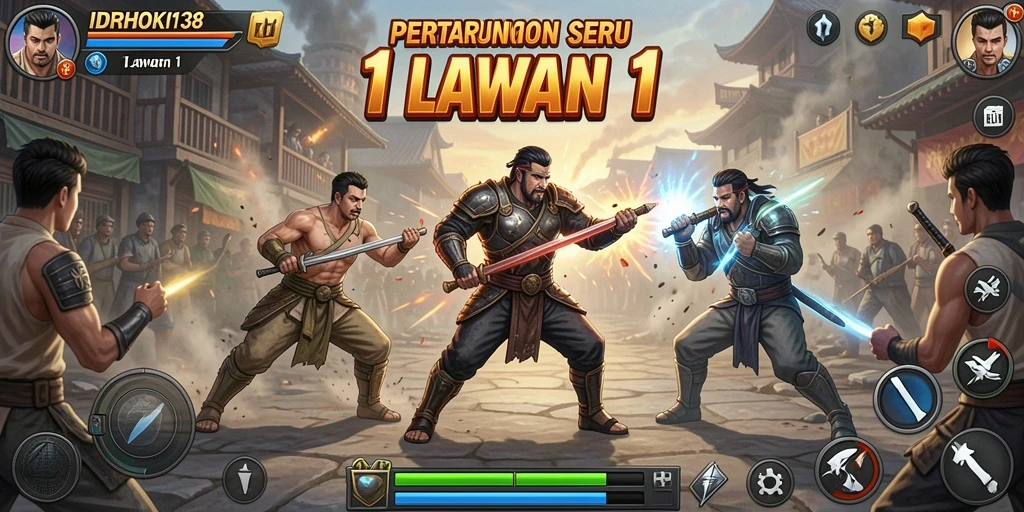 Antarmuka IDRHOKI138 menampilkan pertarungan 1 lawan 1 yang intens.