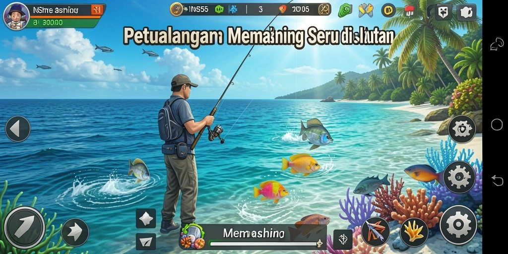 Tampilan screenshot INS55 menunjukkan petualangan memancing yang seru.
